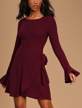 XS • Lulu's • Favorite Tune Burgundy Faux Wrap Long-Sleeve Skater Dress